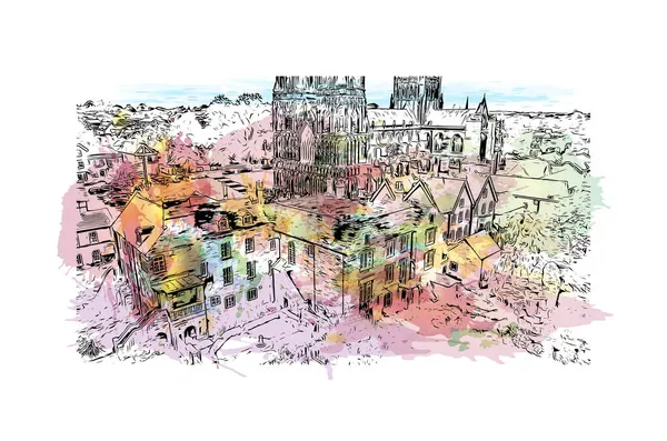 Print Building View Landmark Lichfield Anglia Városa Akvarell Splash Kézzel — Stock Vector