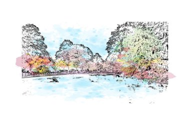 Print Building view with landmark of Lichfield is the city in England. Vektörde elle çizilmiş resim ile suluboya sıçraması.