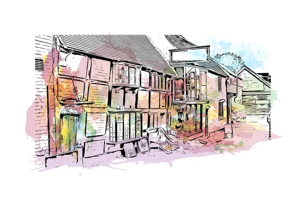 印刷リッチフィールドのランドマークとビルの景色はイギリスの街です 手描きのスケッチイラストと水彩スプラッシュベクトル — ストックベクタ