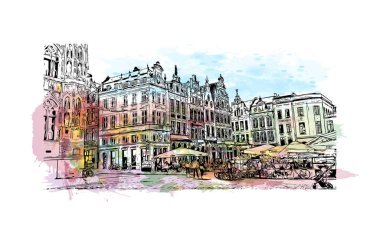 Leuven 'in simgesi olan Print Building View Belçika' nın başkentidir. Vektörde elle çizilmiş resim ile suluboya sıçraması. 
