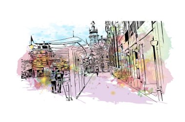 Leuven 'in simgesi olan Print Building View Belçika' nın başkentidir. Vektörde elle çizilmiş resim ile suluboya sıçraması. 