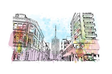 Leuven 'in simgesi olan Print Building View Belçika' nın başkentidir. Vektörde elle çizilmiş resim ile suluboya sıçraması. 