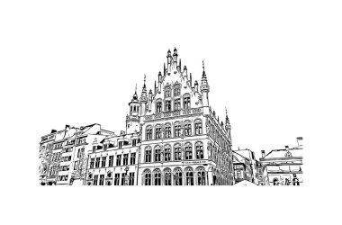 Leuven 'in simgesi olan Print Building View Belçika' nın başkentidir. Vektörde elle çizilmiş çizim çizimi. 