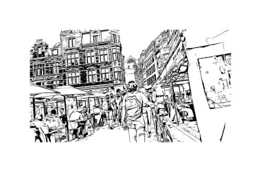 Leuven 'in simgesi olan Print Building View Belçika' nın başkentidir. Vektörde elle çizilmiş çizim çizimi. 