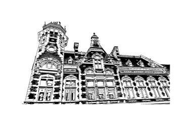 Leuven 'in simgesi olan Print Building View Belçika' nın başkentidir. Vektörde elle çizilmiş çizim çizimi. 