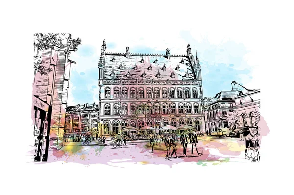 Imprimer Vue Imprenable Sur Louvain Est Ville Belgique Aquarelle Éclaboussure — Image vectorielle