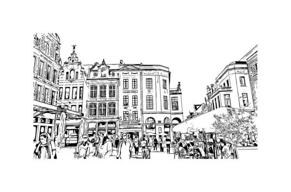 Vytisknout Pohled Budovu Orientačním Bodem Leuven Město Belgii Ručně Kreslená — Stockový vektor