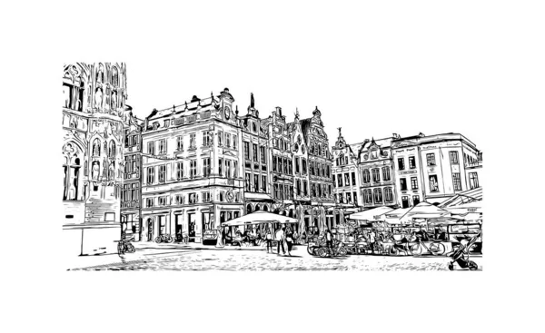 Print Building View Landmark Leuven Belgiumi Város Kézzel Rajzolt Vázlat — Stock Vector