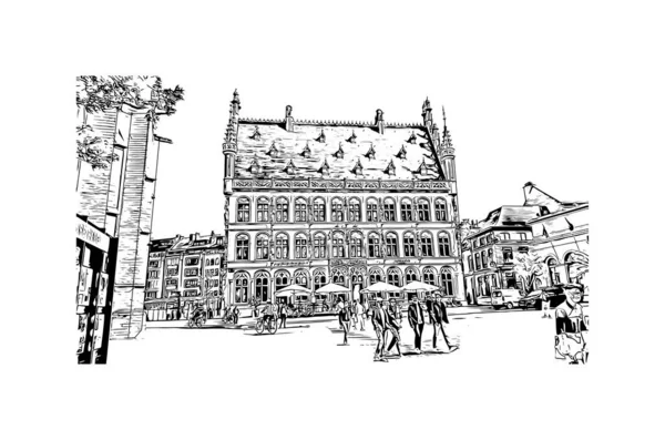 Print Building View Landmark Leuven Staden Belgien Handritad Skiss Illustration — Stock vektor