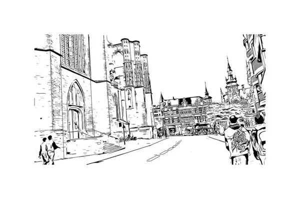 带有鲁汶地标的印刷建筑是比利时的城市 矢量手绘草图 — 图库矢量图片