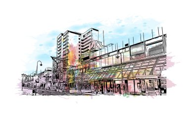 Print Building view with landmark of Leverkusen is the city in Germany. Vektörde elle çizilmiş resim ile suluboya sıçraması.