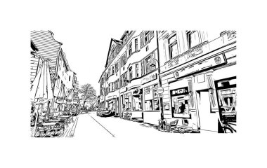 Print Building view with landmark of Leverkusen is the city in Germany. Vektörde elle çizilmiş çizim çizimi.