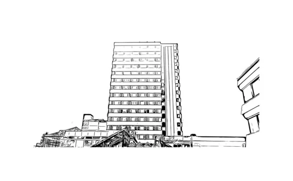 Print Building Vista Com Marco Leverkusen Cidade Alemanha Desenho Desenhado — Vetor de Stock