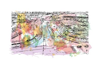 Yazdırma binası manzarası Lexington 'un simgesi olan Kentucky' de bir şehirdir. Vektörde elle çizilmiş resim ile suluboya sıçraması.