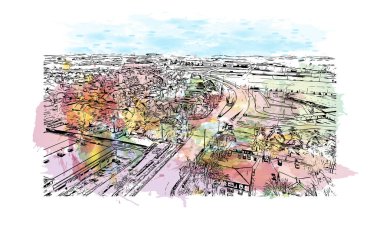 Yazdırma binası manzarası Lexington 'un simgesi olan Kentucky' de bir şehirdir. Vektörde elle çizilmiş resim ile suluboya sıçraması.