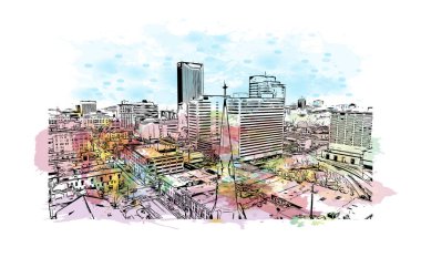 Yazdırma binası manzarası Lexington 'un simgesi olan Kentucky' de bir şehirdir. Vektörde elle çizilmiş resim ile suluboya sıçraması.