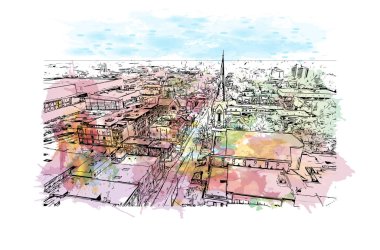 Yazdırma binası manzarası Lexington 'un simgesi olan Kentucky' de bir şehirdir. Vektörde elle çizilmiş resim ile suluboya sıçraması.