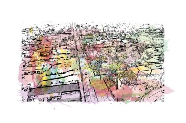 Yazdırma binası manzarası Lexington 'un simgesi olan Kentucky' de bir şehirdir. Vektörde elle çizilmiş resim ile suluboya sıçraması.