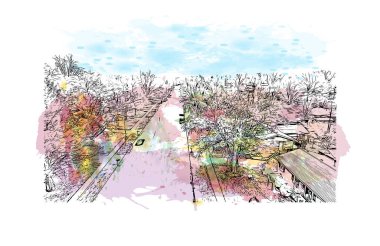 Yazdırma binası manzarası Lexington 'un simgesi olan Kentucky' de bir şehirdir. Vektörde elle çizilmiş resim ile suluboya sıçraması.