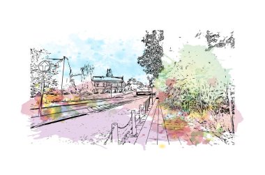 Liege 'in simgesi olan Print Building View Belçika' da bulunmaktadır. Vektörde elle çizilmiş resim ile suluboya sıçraması.