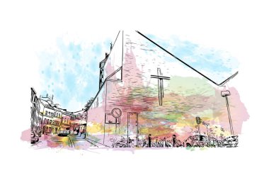 Liege 'in simgesi olan Print Building View Belçika' da bulunmaktadır. Vektörde elle çizilmiş resim ile suluboya sıçraması.