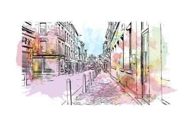 Liege 'in simgesi olan Print Building View Belçika' da bulunmaktadır. Vektörde elle çizilmiş resim ile suluboya sıçraması.