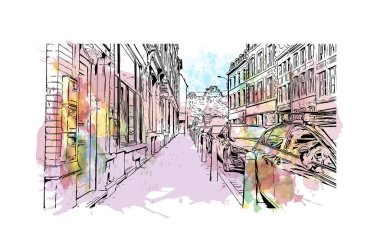Liege 'in simgesi olan Print Building View Belçika' da bulunmaktadır. Vektörde elle çizilmiş resim ile suluboya sıçraması.