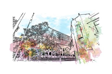 Liege 'in simgesi olan Print Building View Belçika' da bulunmaktadır. Vektörde elle çizilmiş resim ile suluboya sıçraması.