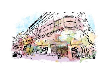 Liege 'in simgesi olan Print Building View Belçika' da bulunmaktadır. Vektörde elle çizilmiş resim ile suluboya sıçraması.