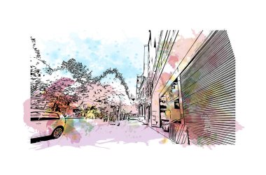 Liege 'in simgesi olan Print Building View Belçika' da bulunmaktadır. Vektörde elle çizilmiş resim ile suluboya sıçraması.