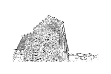 Liege 'in simgesi olan Print Building View Belçika' da bulunmaktadır. Vektörde elle çizilmiş çizim çizimi.