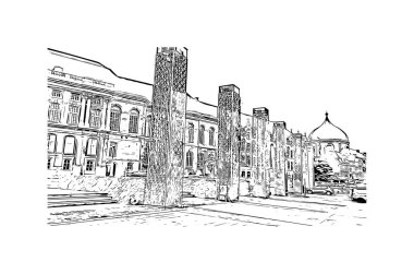 Liege 'in simgesi olan Print Building View Belçika' da bulunmaktadır. Vektörde elle çizilmiş çizim çizimi.