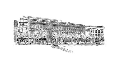 Liege 'in simgesi olan Print Building View Belçika' da bulunmaktadır. Vektörde elle çizilmiş çizim çizimi.