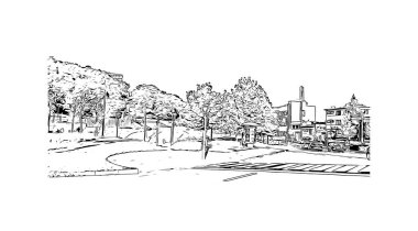 Liege 'in simgesi olan Print Building View Belçika' da bulunmaktadır. Vektörde elle çizilmiş çizim çizimi.