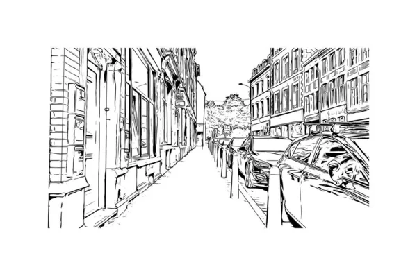 Print Building Vista Com Marco Liege Cidade Bélgica Desenho Desenhado — Vetor de Stock