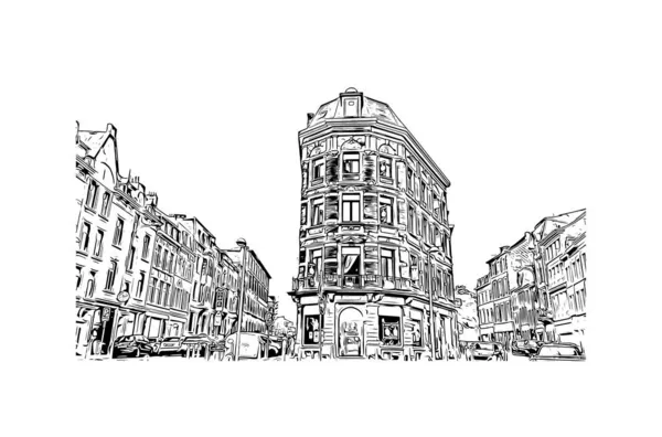 Print Building Vista Com Marco Liege Cidade Bélgica Desenho Desenhado — Vetor de Stock