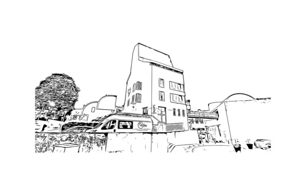 Vytisknout Pohled Budovu Orientačním Bodem Liege Městem Belgii Ručně Kreslená — Stockový vektor