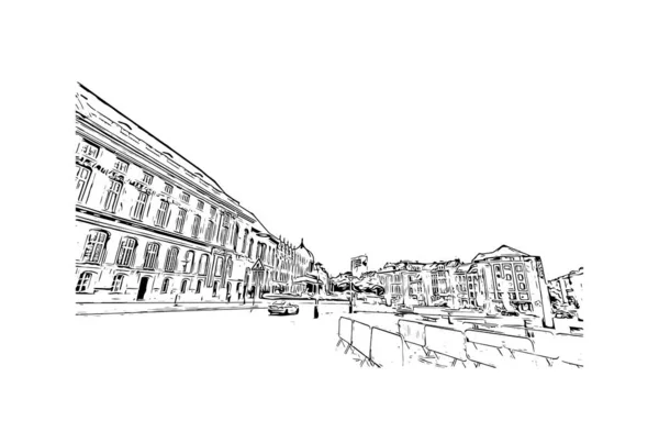 印刷リエージュのランドマークとビルの景色はベルギーの街です 手描きのスケッチ図ベクトル — ストックベクタ