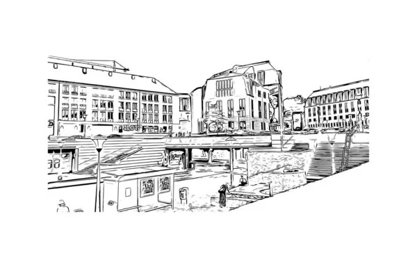 Print Building View Landmark Liege Staden Belgien Handritad Skiss Illustration — Stock vektor