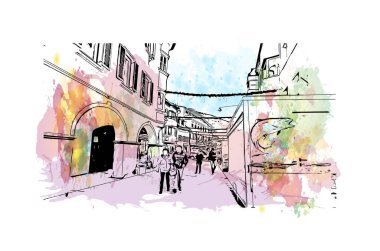 Print Building view with landmark of Lienz is the town in Austria. Vektörde elle çizilmiş resim ile suluboya sıçraması.