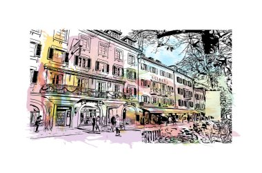 Print Building view with landmark of Lienz is the town in Austria. Vektörde elle çizilmiş resim ile suluboya sıçraması.