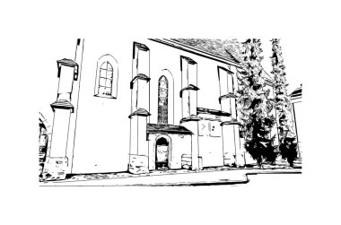 Print Building view with landmark of Lienz is the town in Austria. Vektörde elle çizilmiş çizim çizimi.