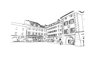Print Building view with landmark of Lienz is the town in Austria. Vektörde elle çizilmiş çizim çizimi.