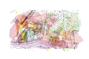 Liepaja 'nın simgesi olan Print Building View Letonya' da bulunmaktadır. Vektör içinde el çizimi çizimi eşkali ile suluboya sıçraması.