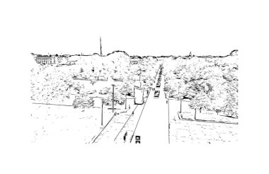 Liepaja 'nın simgesi olan Print Building View Letonya' da bulunmaktadır. Vektörde elle çizilmiş çizim çizimi.