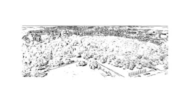 Liepaja 'nın simgesi olan Print Building View Letonya' da bulunmaktadır. Vektörde elle çizilmiş çizim çizimi.