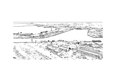 Liepaja 'nın simgesi olan Print Building View Letonya' da bulunmaktadır. Vektörde elle çizilmiş çizim çizimi.