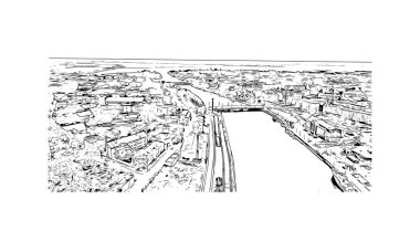 Liepaja 'nın simgesi olan Print Building View Letonya' da bulunmaktadır. Vektörde elle çizilmiş çizim çizimi.