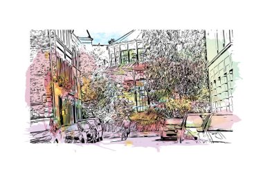 Print Building view with landmark of Lille is the city in France. Vektörde elle çizilmiş resim ile suluboya sıçraması.