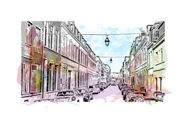 Print Building view with landmark of Lille is the city in France. Vektörde elle çizilmiş resim ile suluboya sıçraması.